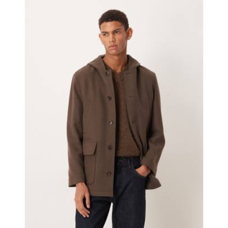 Mango hooded brushed coat with pockets in brown