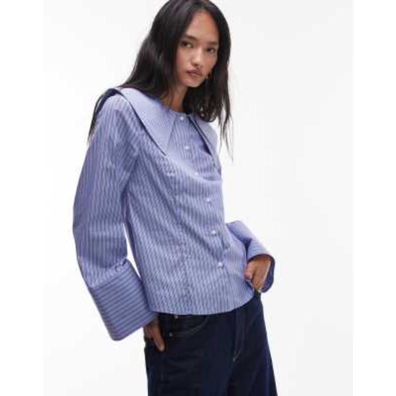 & Other Stories collar structured blouse with burgundy stripes in blue