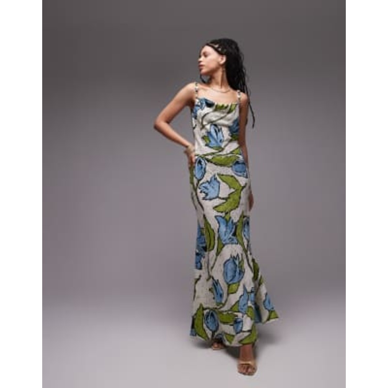 Topshop cowl neck midi slip dress with beaded straps in green blue floral