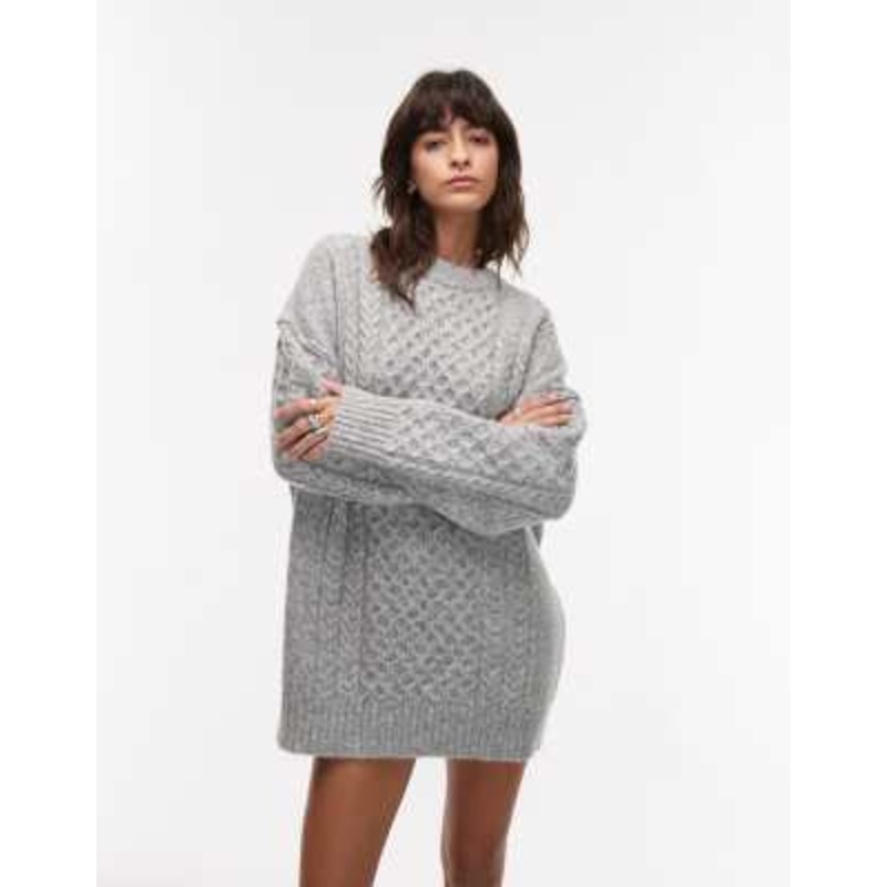 Topshop knit all-over cable oversized mini dress in light gray heather