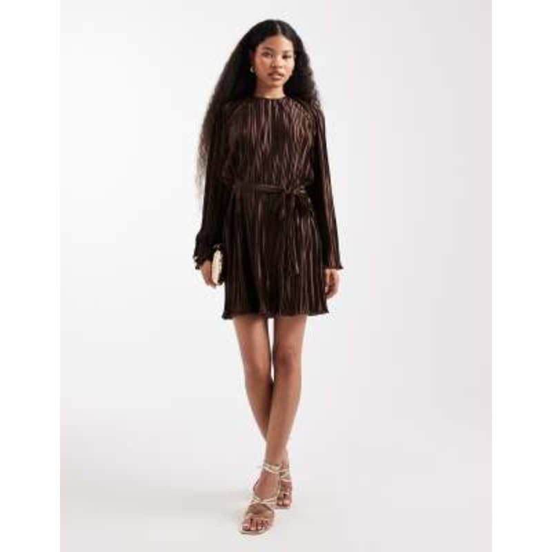 Vero Moda Petite tie waist plisse mini dress in chocolate