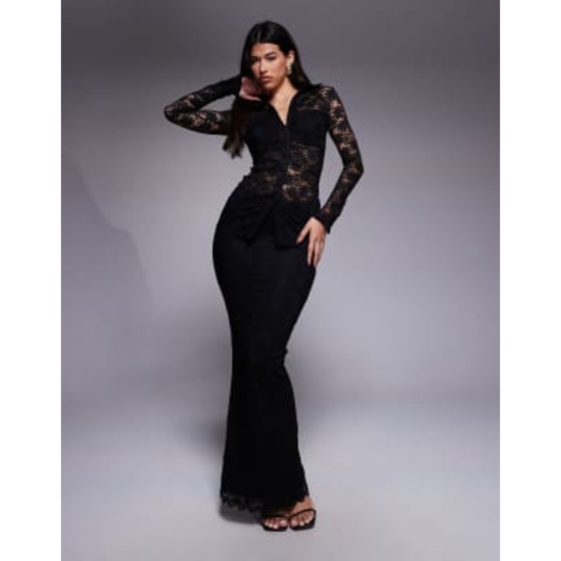 Wander Doll Lacie sculpting lace high waisted maxi skirt in black – part of a set