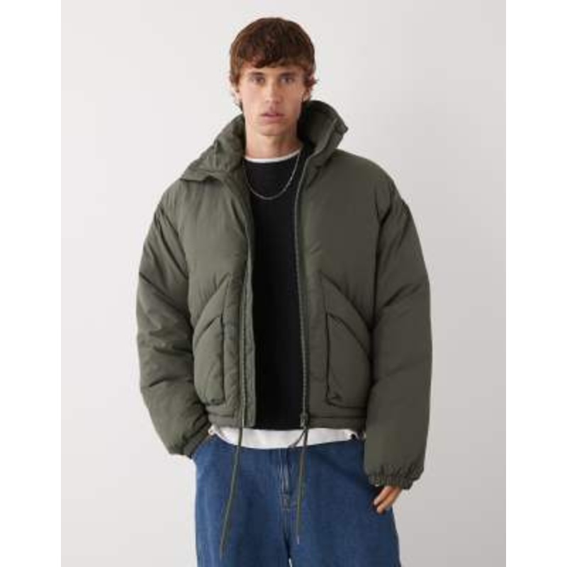 Weekday high neck puffer jacket in dark khaki green
