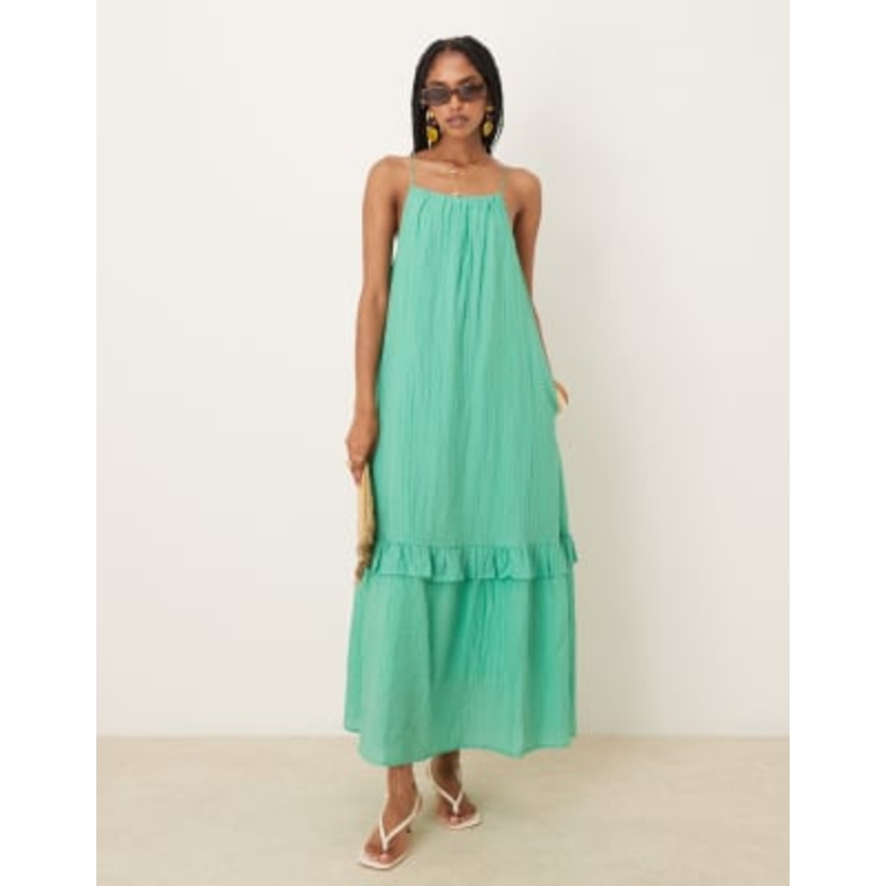 YAS premium crinkle ruffle hem detail cami maxi dress in gumdrop green