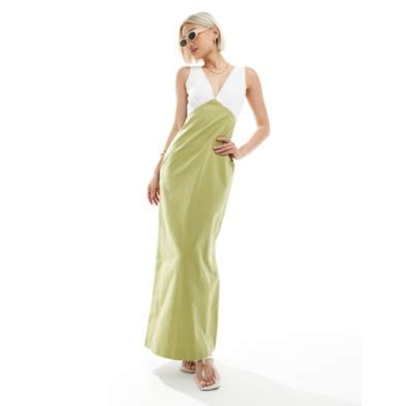 4th & Reckless linen look contrast plunge neck maxi dress in cream and olive