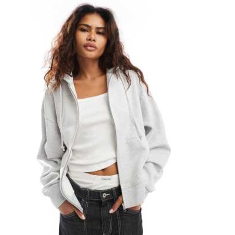 COLLUSION zip through boxy hoodie in gray heather