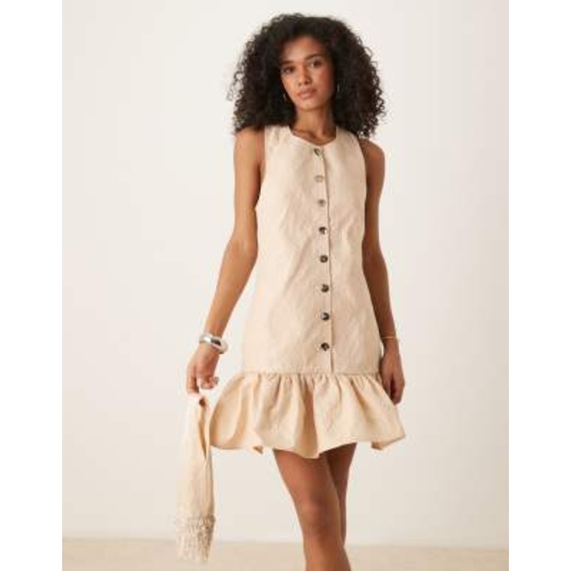 Ghospell ruffle hem jacquard mini dress in taupe