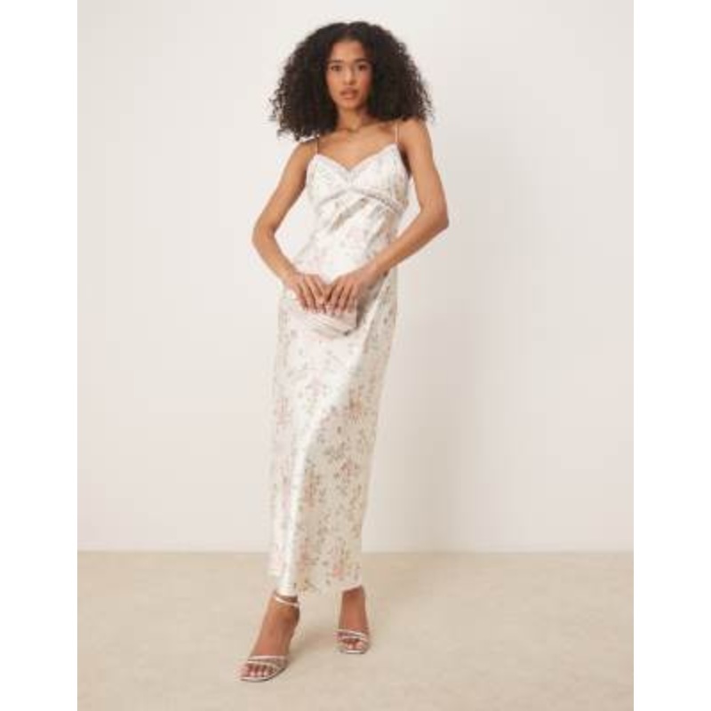 Gina Tricot satin maxi dress with lace trim in white floral