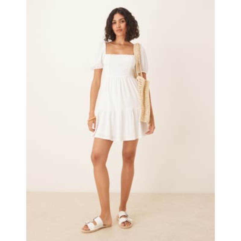 Gina Tricot short sleeve tie back mini summer dress in off white