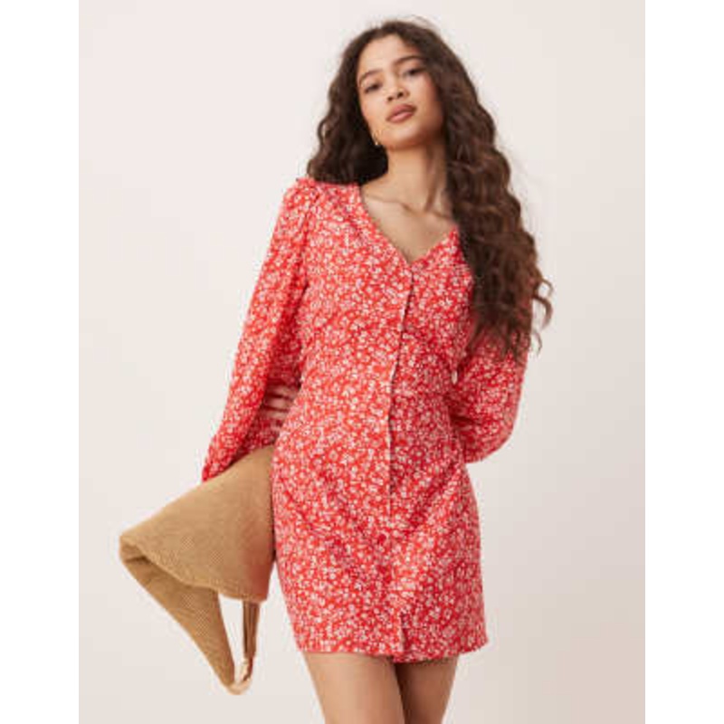 Glamorous long sleeve button up tea dress in red ditsy floral