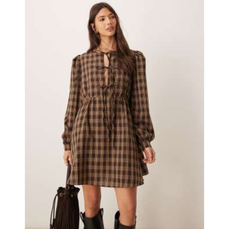 Glamorous long sleeve mini smock dress with front ties in pink brown plaid