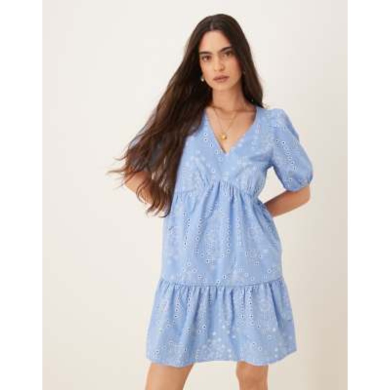 JDY embroidery detail tiered mini dress in blue