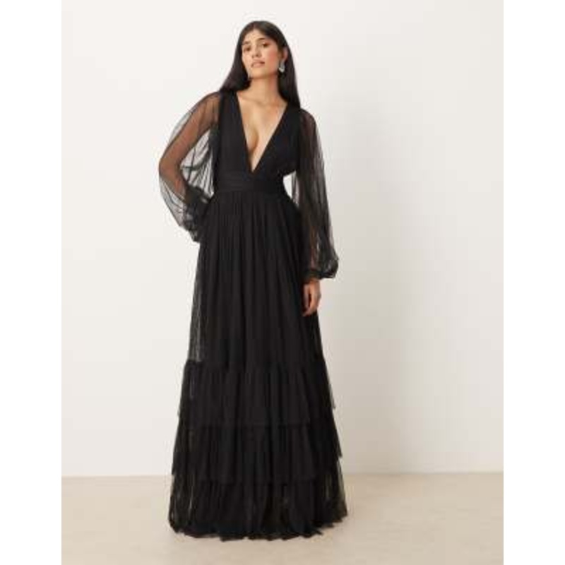 Lace & Beads Bridesmaid Madison long sleeve maxi dress in black