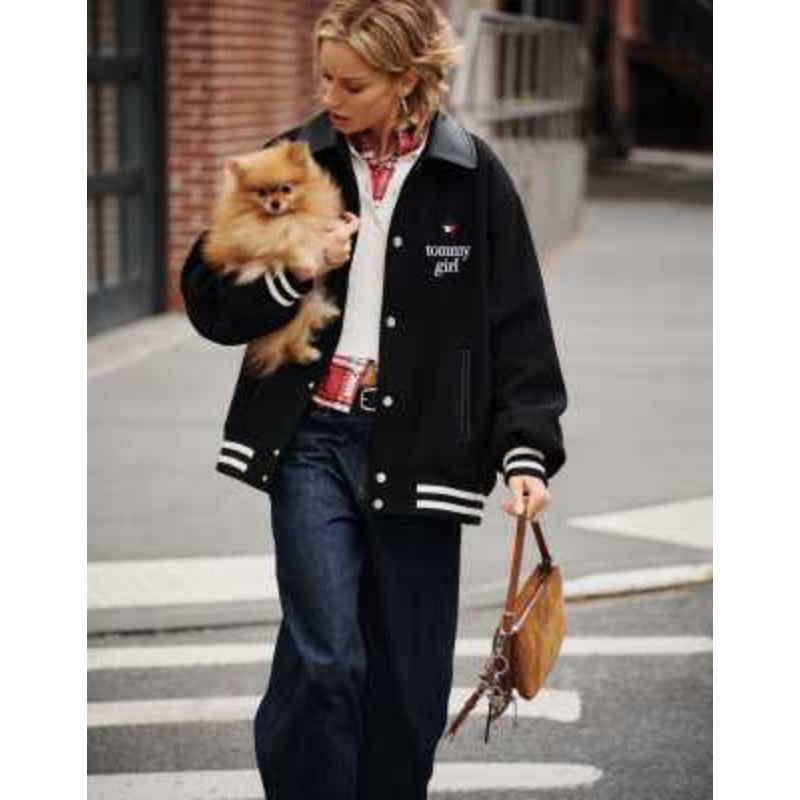 Tommy Jeans tommy girl wool varsity jacket with contrast collar in black