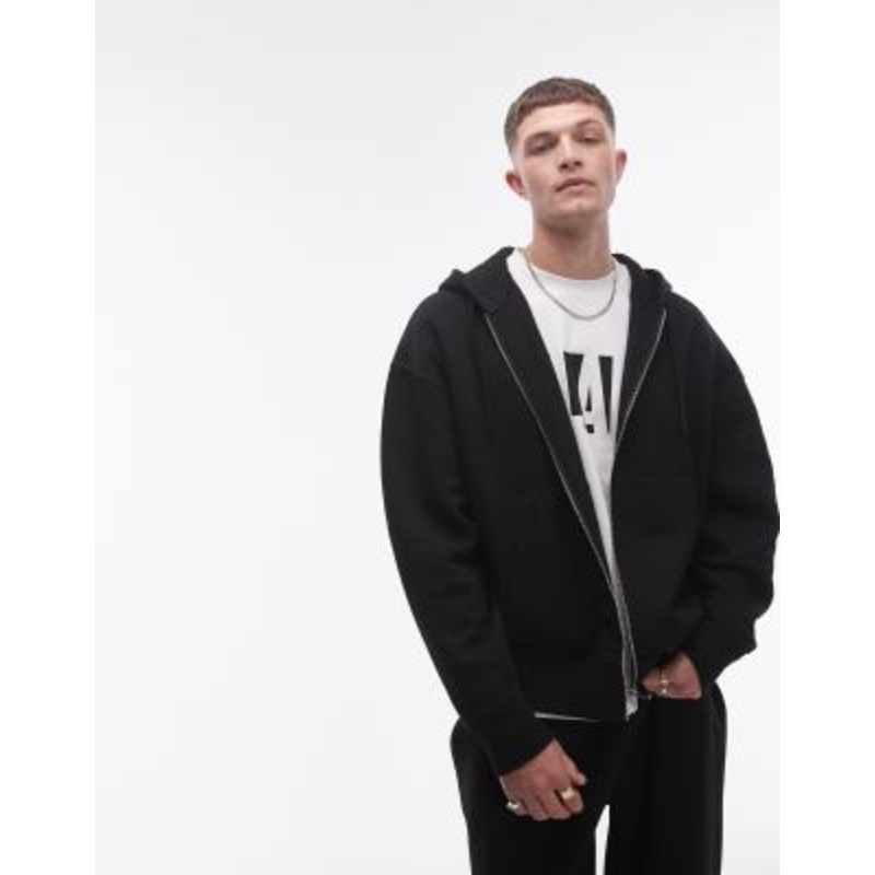 Topman oversized fit full zip hoodie in black