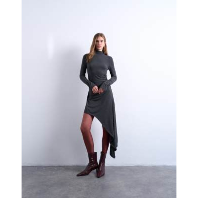 Topshop high neck asymmetric hem mini dress in charcoal gray