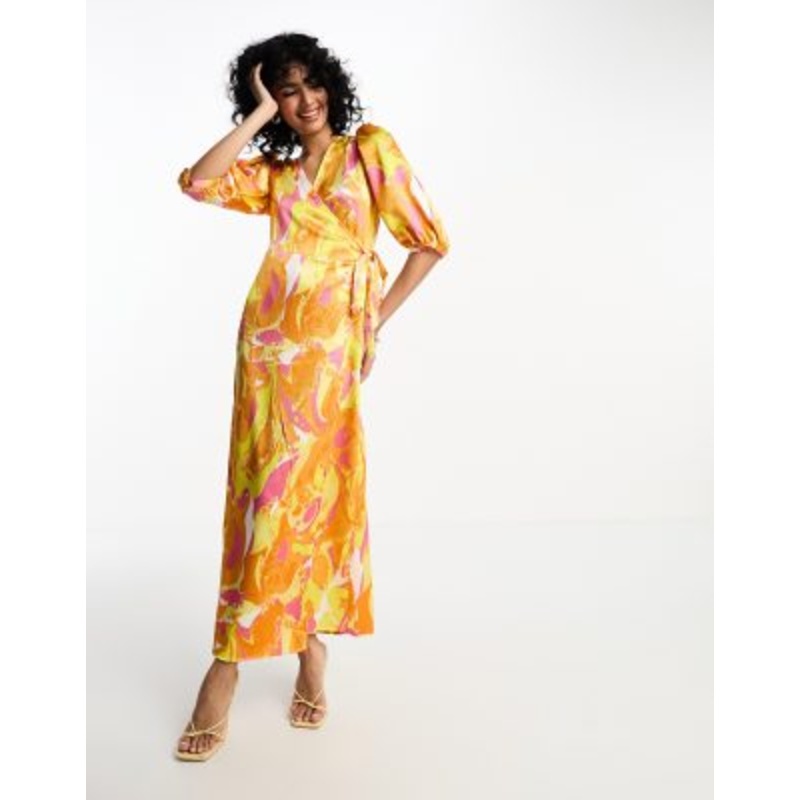Vila textured satin wrap midi dress in orange abstract print