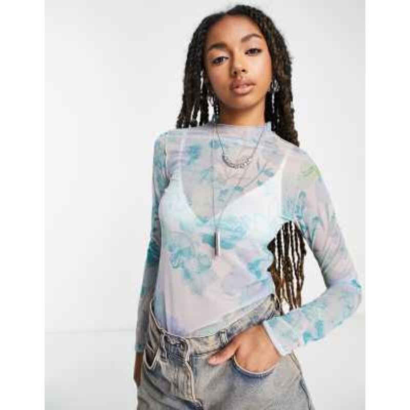 Weekday polyester high neck mesh top in blue flower print – MULTI