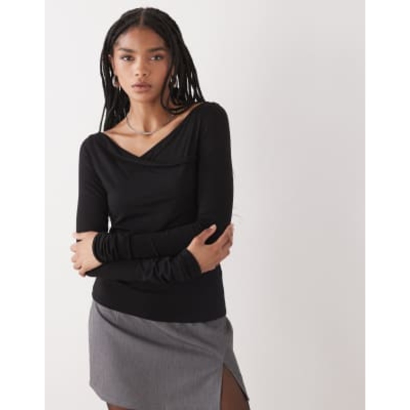 Weekday slim fit long sleeve wrap top in black