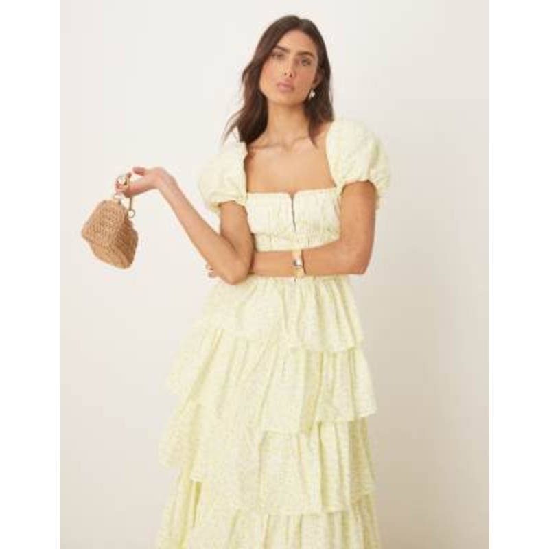Amy Jane London Rosalie corset tiered maxi dress in lemon ditsy