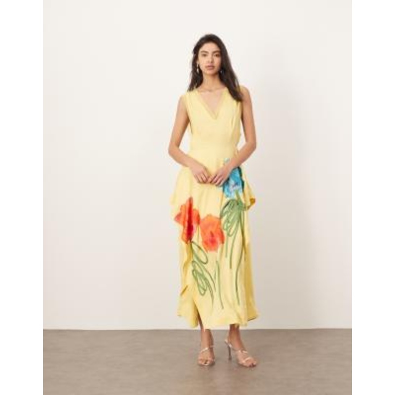 ARRANGE floral embroidered sleeveless midi dress with side splits in yellow