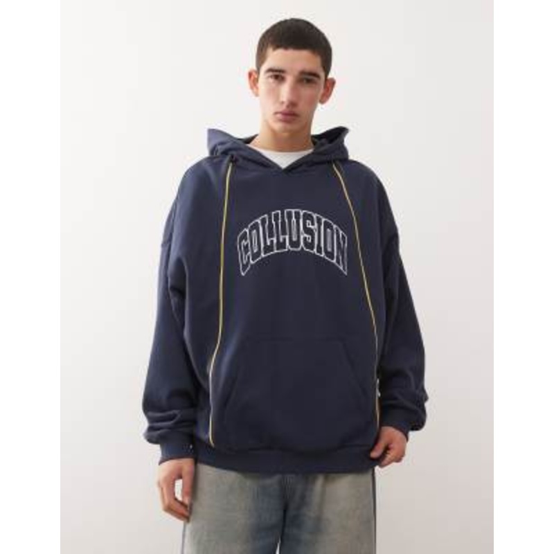 COLLUSION boxy oversized logo hoodie with piping in navy