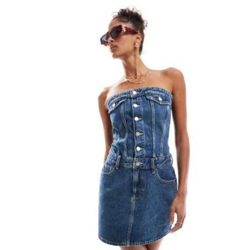 Dr Denim Carlisle denim bandeau mini dress with button front in midwash blue