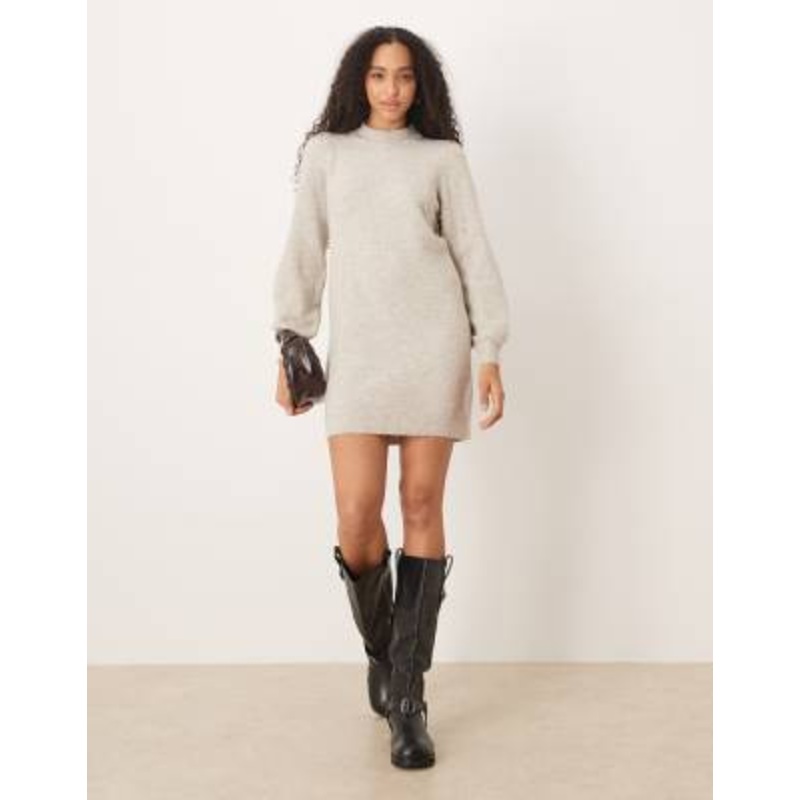 JDY puff sleeve knitted mini sweater dress in stone
