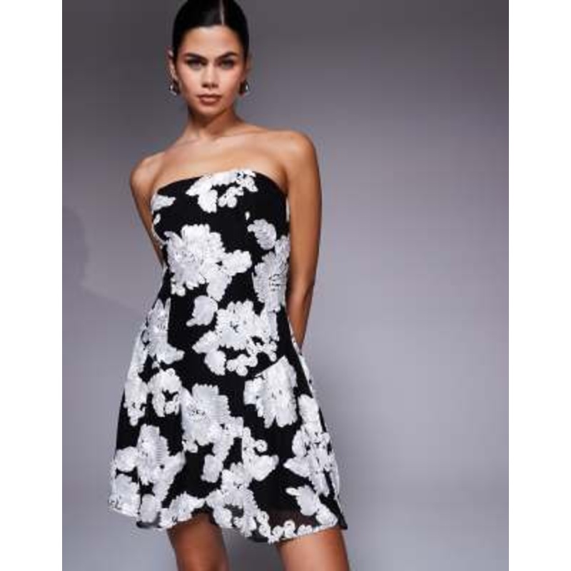 Kaiia exclusive bandeau textured floral mini dress in black and white