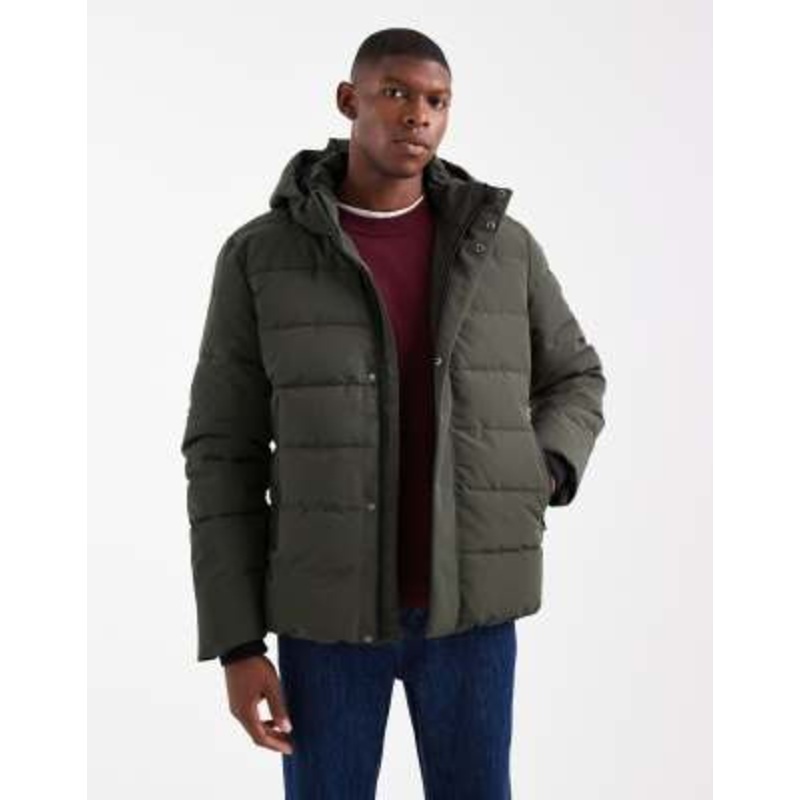 ONLY & SONS waterproof hooded puffer coat in dark gray brown