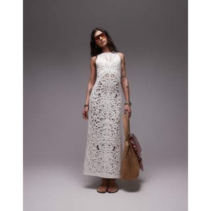 Topshop knit premium crochet maxi dress in ivory