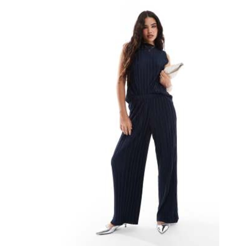 Vila plisse wide leg pants in navy – part of a set