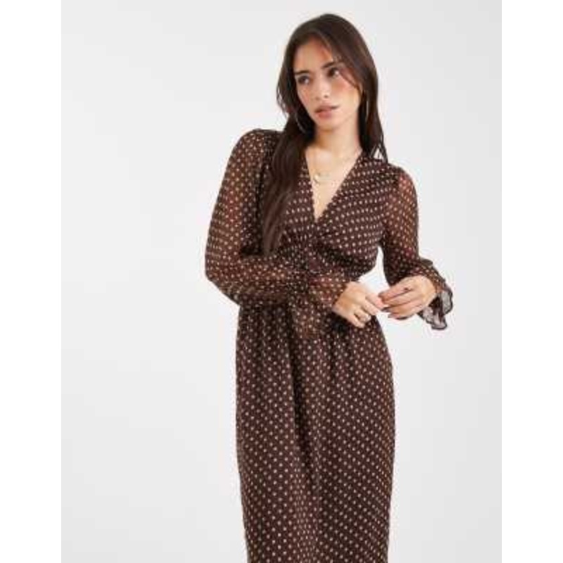 Wednesday’s Girl v neck midaxi polka dot dress in brown