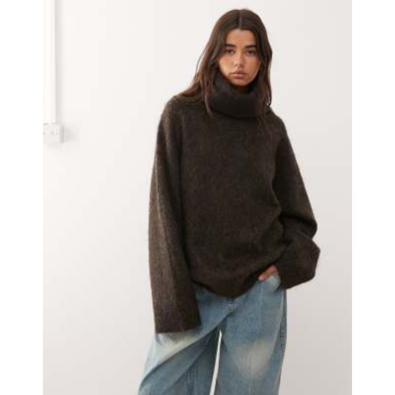 Weekday premium wool & mohair blend oversized turtle neck sweater in dark brown