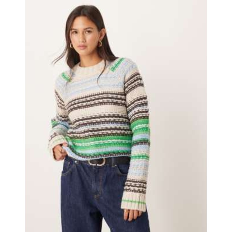 YAS wool mix knit sweater in green and brown stripes