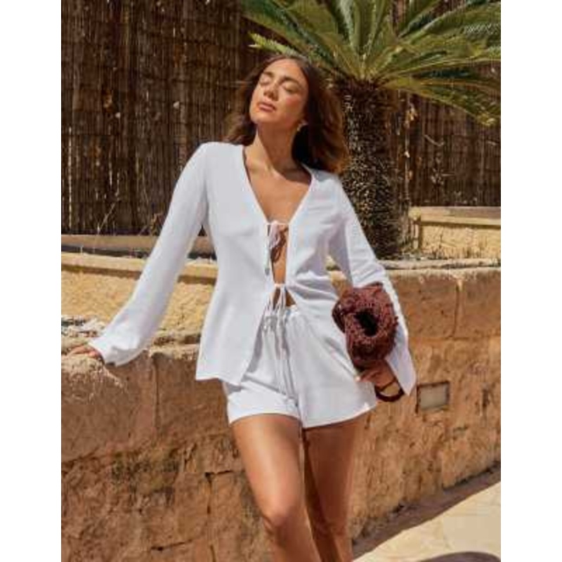 4th & Reckless x Luana Barron linen blend wide sleeve tie front beach shirt in white – part of a set