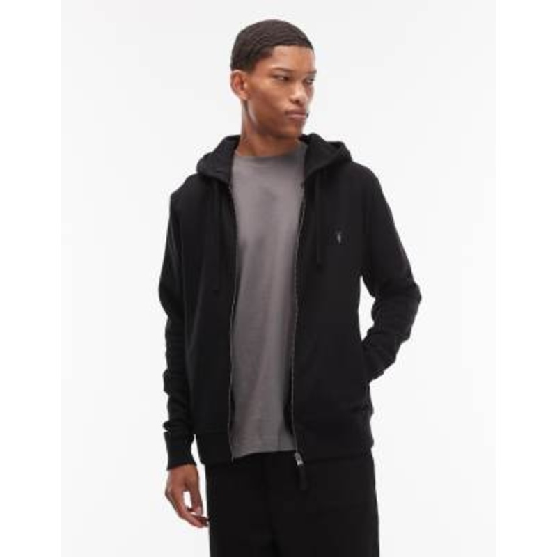 AllSaints Raven zip up logo hoodie in black