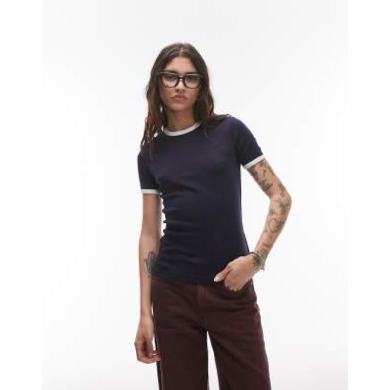 ARKET jersey ribbed t-shirt in navy blue with contrast binding