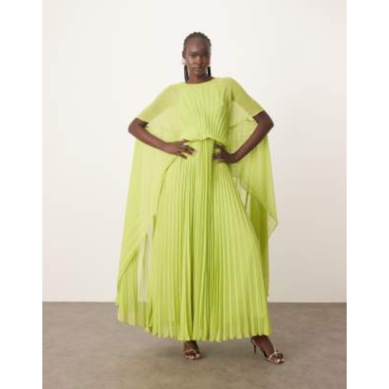 ARRANGE chiffon pleat volume maxi dress with wide sleeve in green