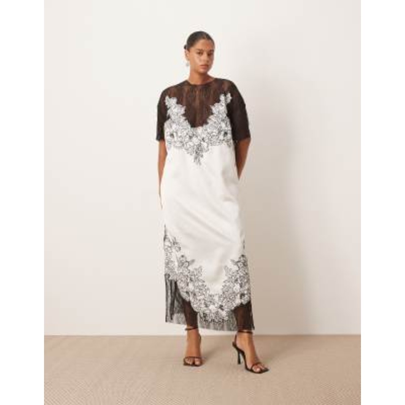 ARRANGE Curve satin lace applique embroidered column midi dress in ivory