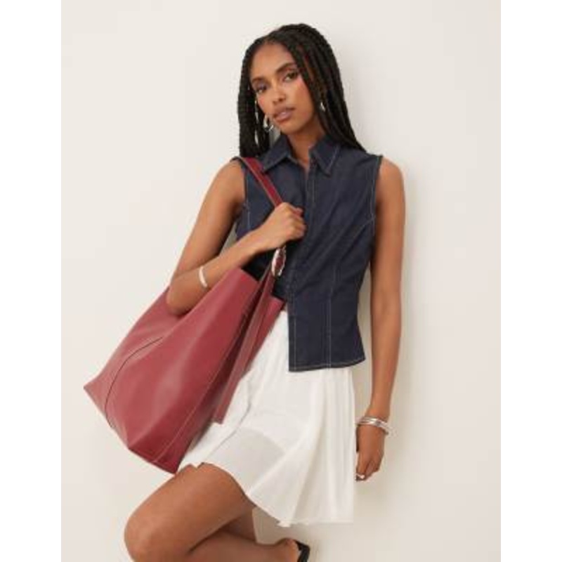 Becksondergaard mae leather shoulder tote bag with buckle strap in burgundy