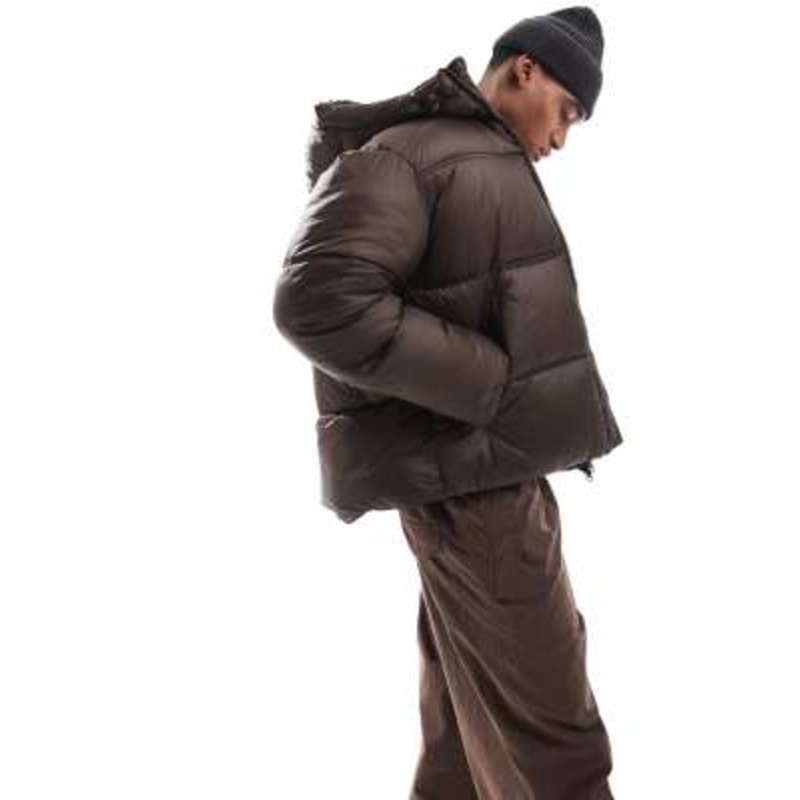 Jack & Jones wet look puffer jacket in brown