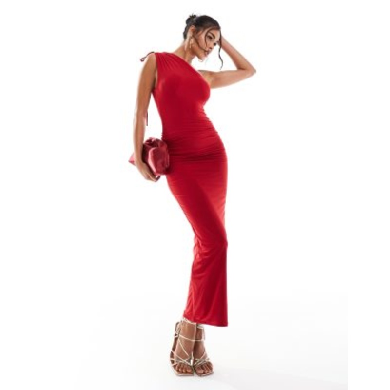 Kaiia exclusive double layered slinky one shoulder drawstring detail bodycon maxi dress in red