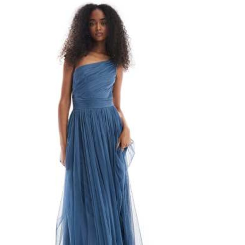 Lace & Beads Bridesmaid one shoulder maxi dress in deep blue