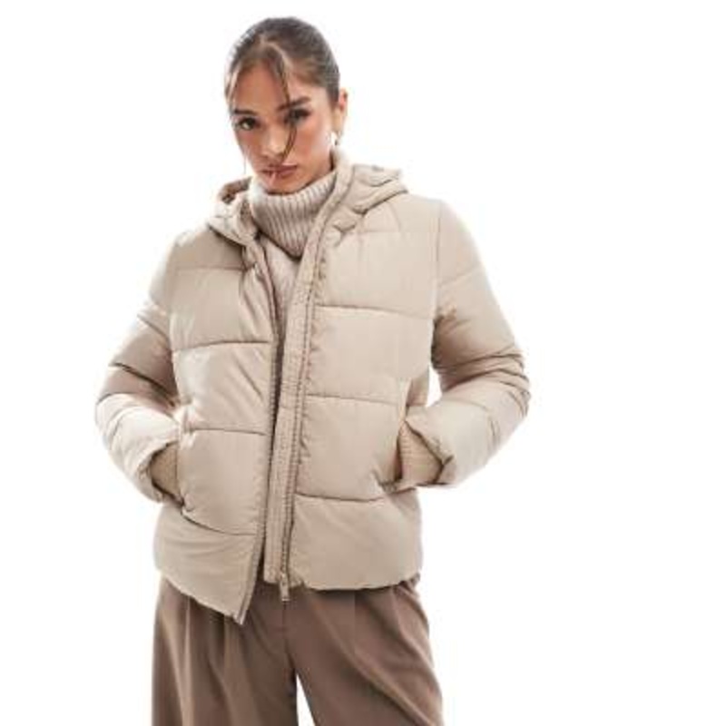 Pieces padded coat with hood in soft beige