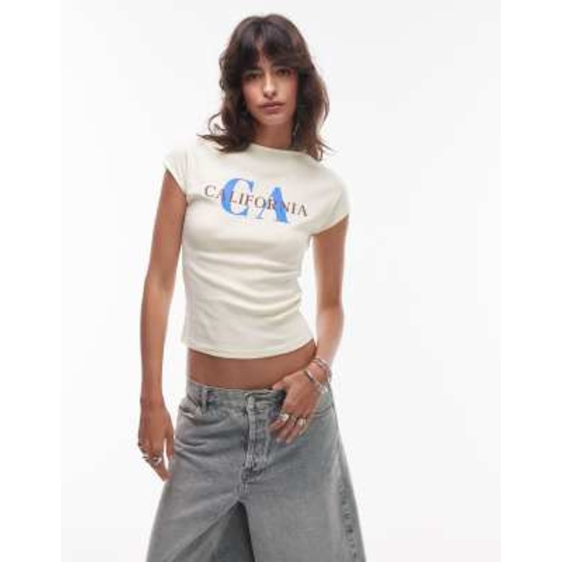 Topshop graphic California puff print cap sleeve baby tee in buttermilk