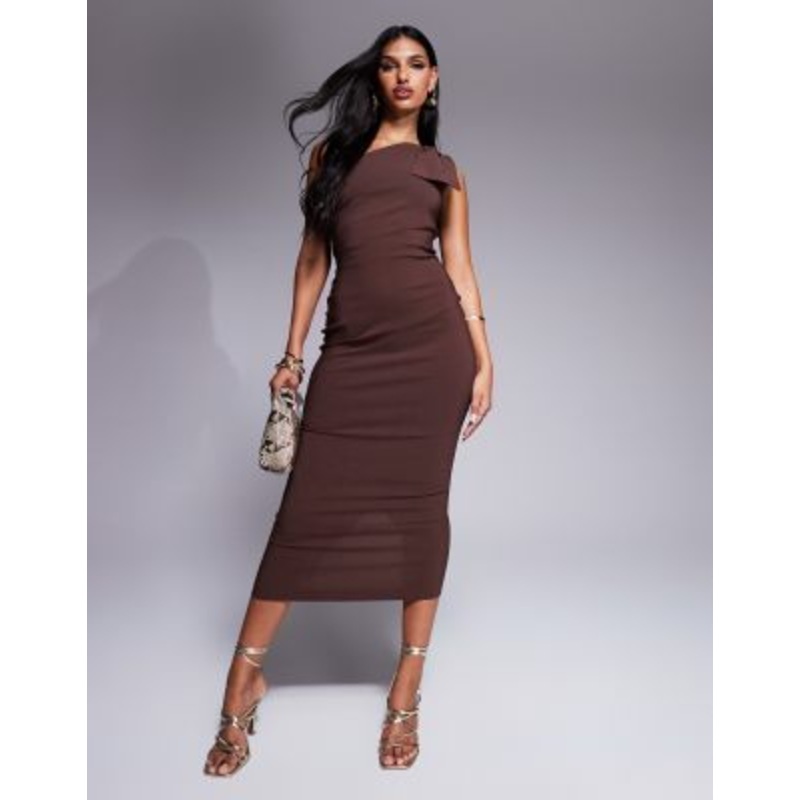 Vesper bengaline one shoulder bow detail midi dress in chocolate