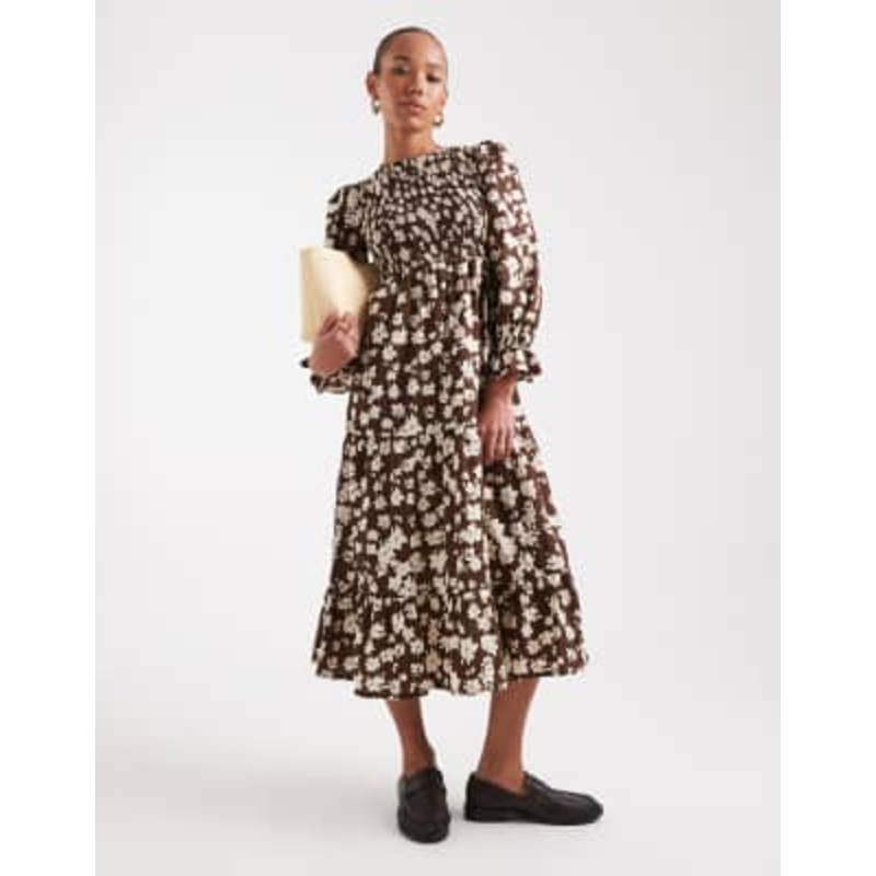 Wednesday’s Girl ditsy floral shirred detail midaxi smock dress in brown