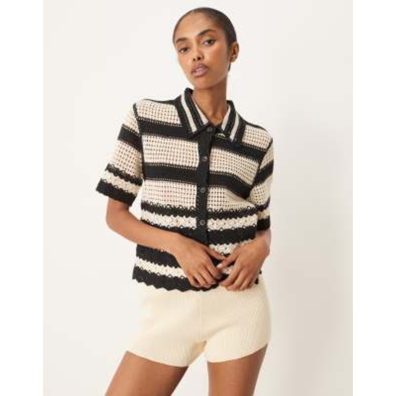 YAS crochet stripe short sleeve cardigan in black and cream
