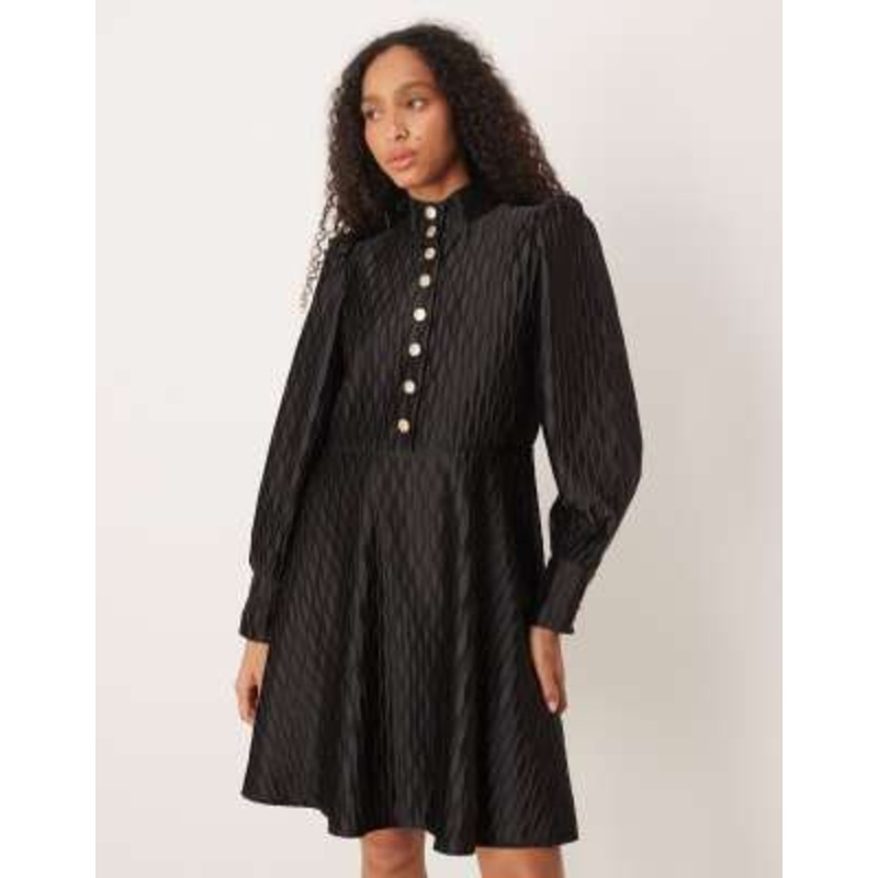 YAS high neck satin mini dress with button front in black